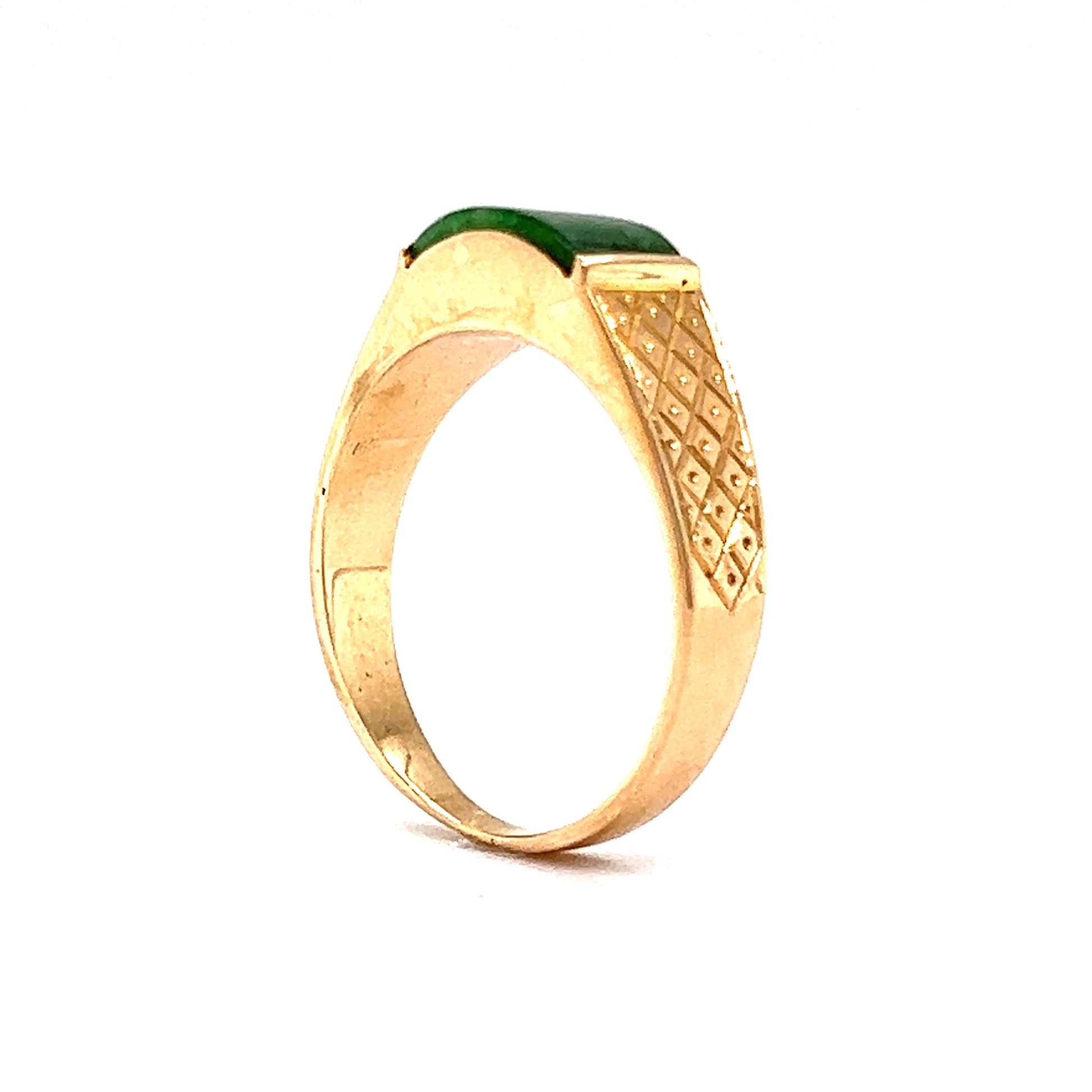 Mid-Century Engraved Jade Ring in 14k Yellow Gold