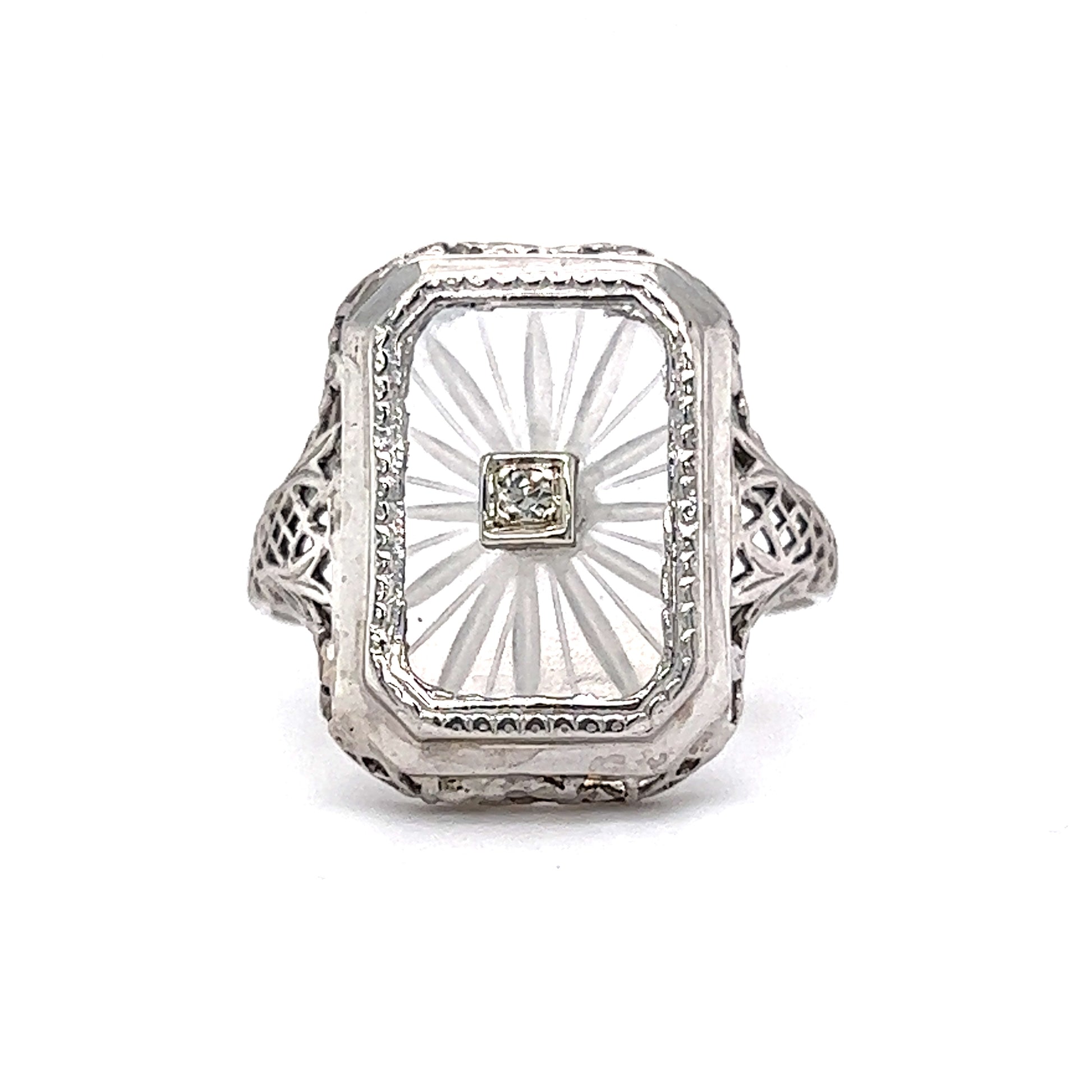 Art Deco Filigree Camphor Cocktail Ring in 14k White GoldComposition: 14 Karat White Gold Ring Size: 6.25 Total Diamond Weight: .02ct Total Gram Weight: 2.5 g Inscription: 14k
      