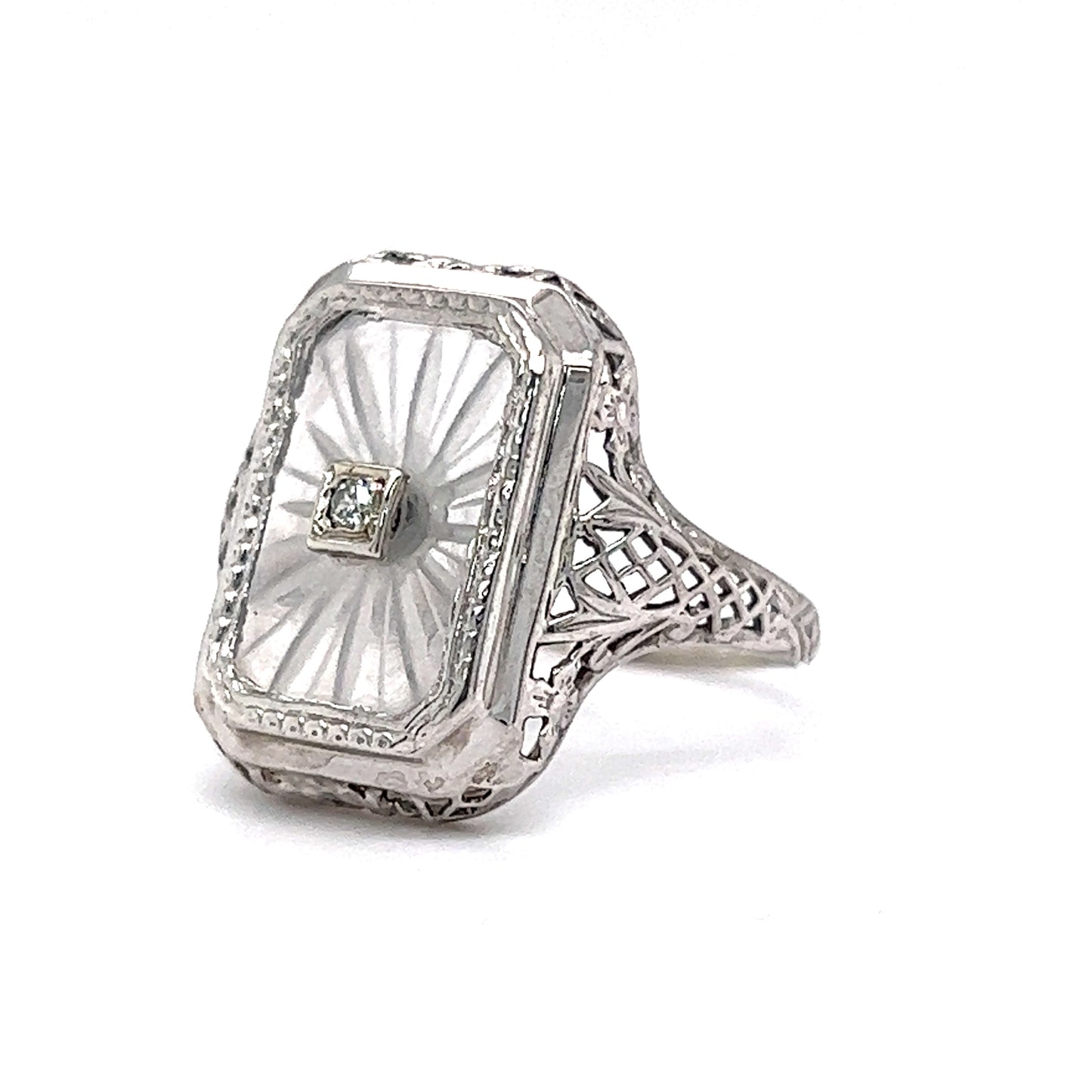 Art Deco Filigree Camphor Cocktail Ring in 14k White Gold