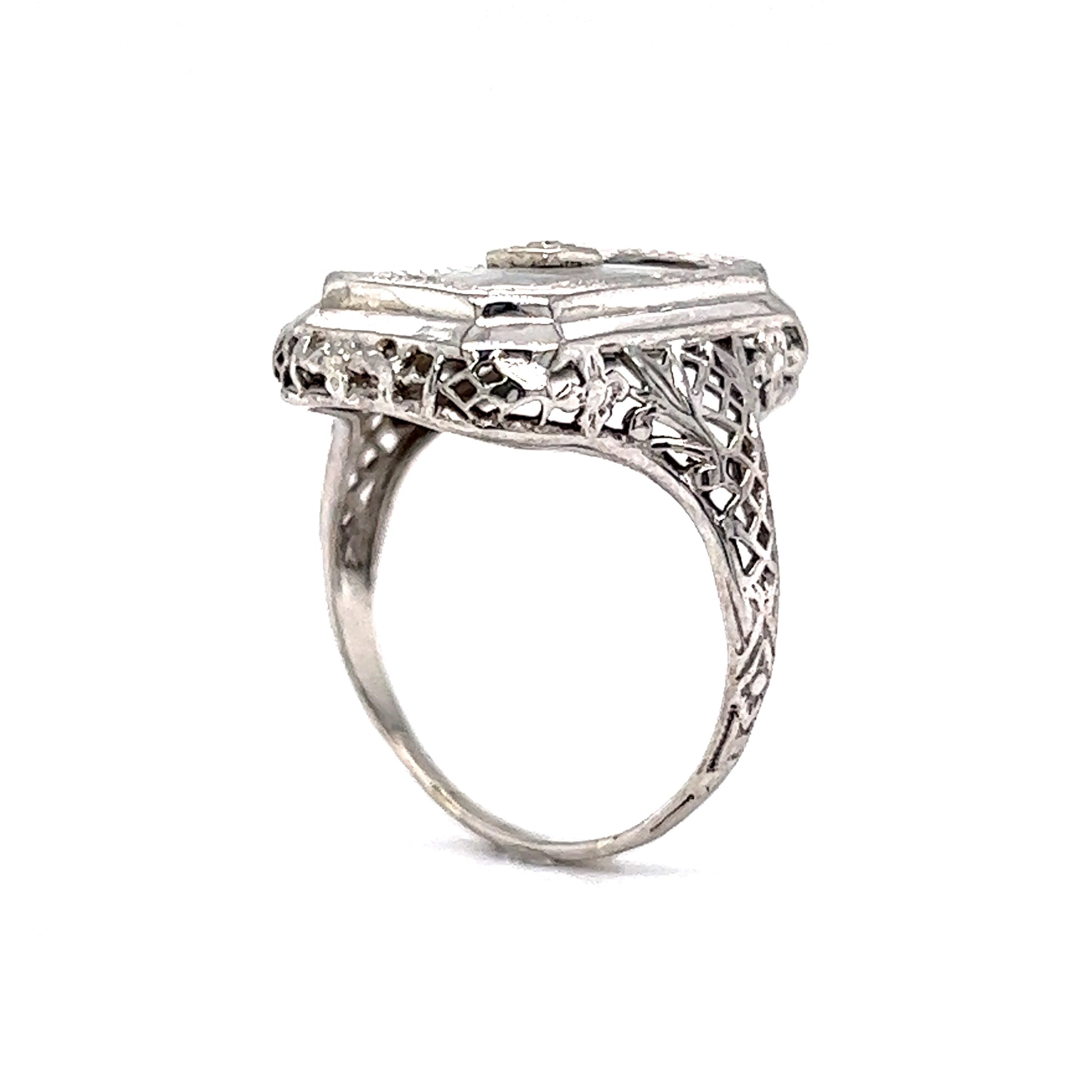 Art Deco Filigree Camphor Cocktail Ring in 14k White Gold