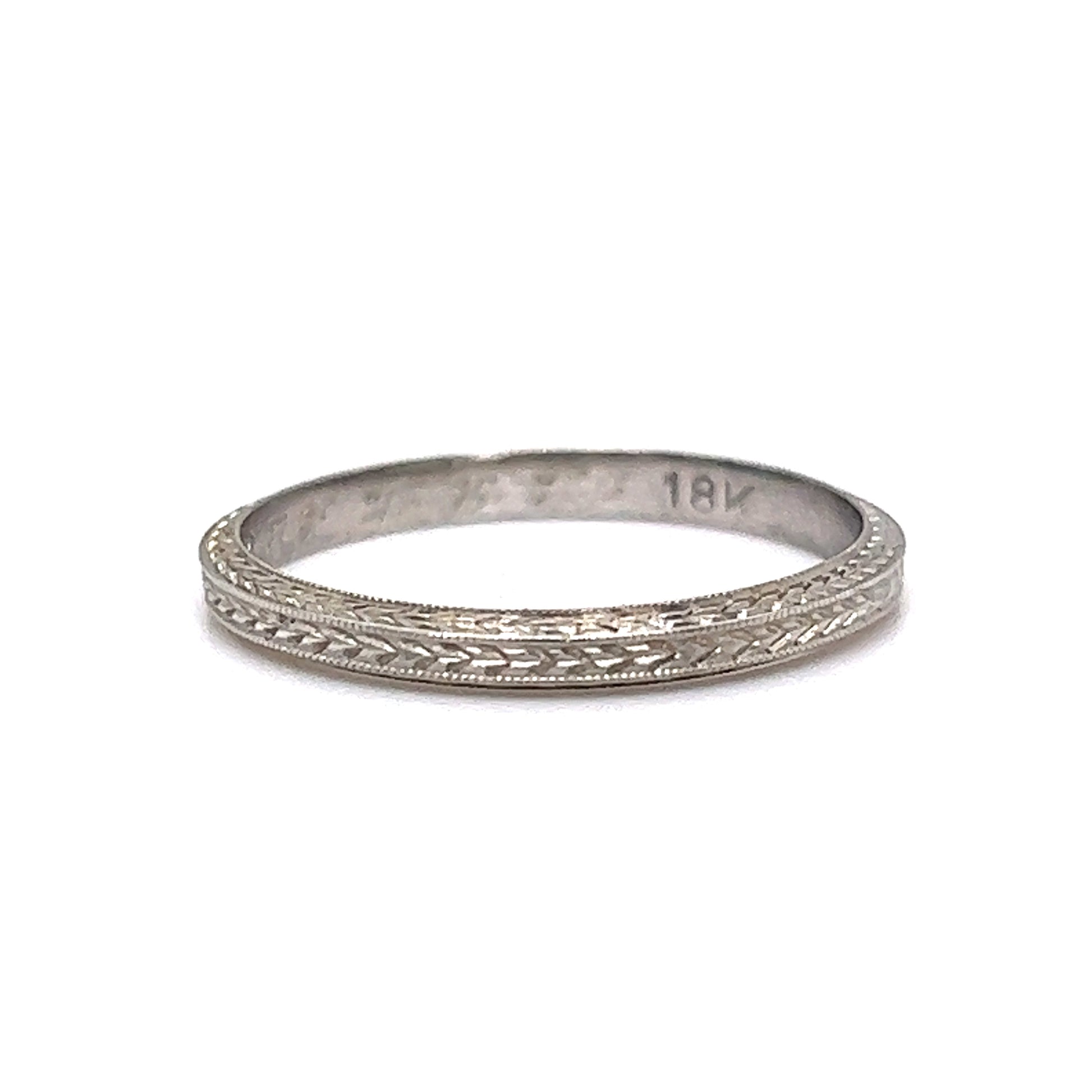 2mm Engraved Art Deco Wedding Band in 18k White Gold – Filigree