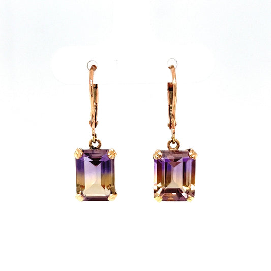 Emerald Cut Ametrine Drop Earrings in 14k Yellow Gold