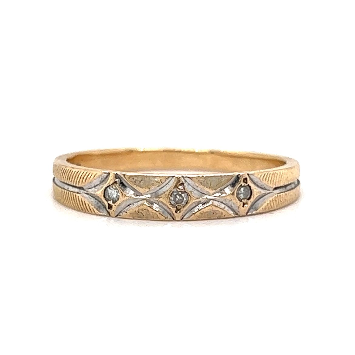 Retro Three Stone Diamond Wedding Band in 14k Gold