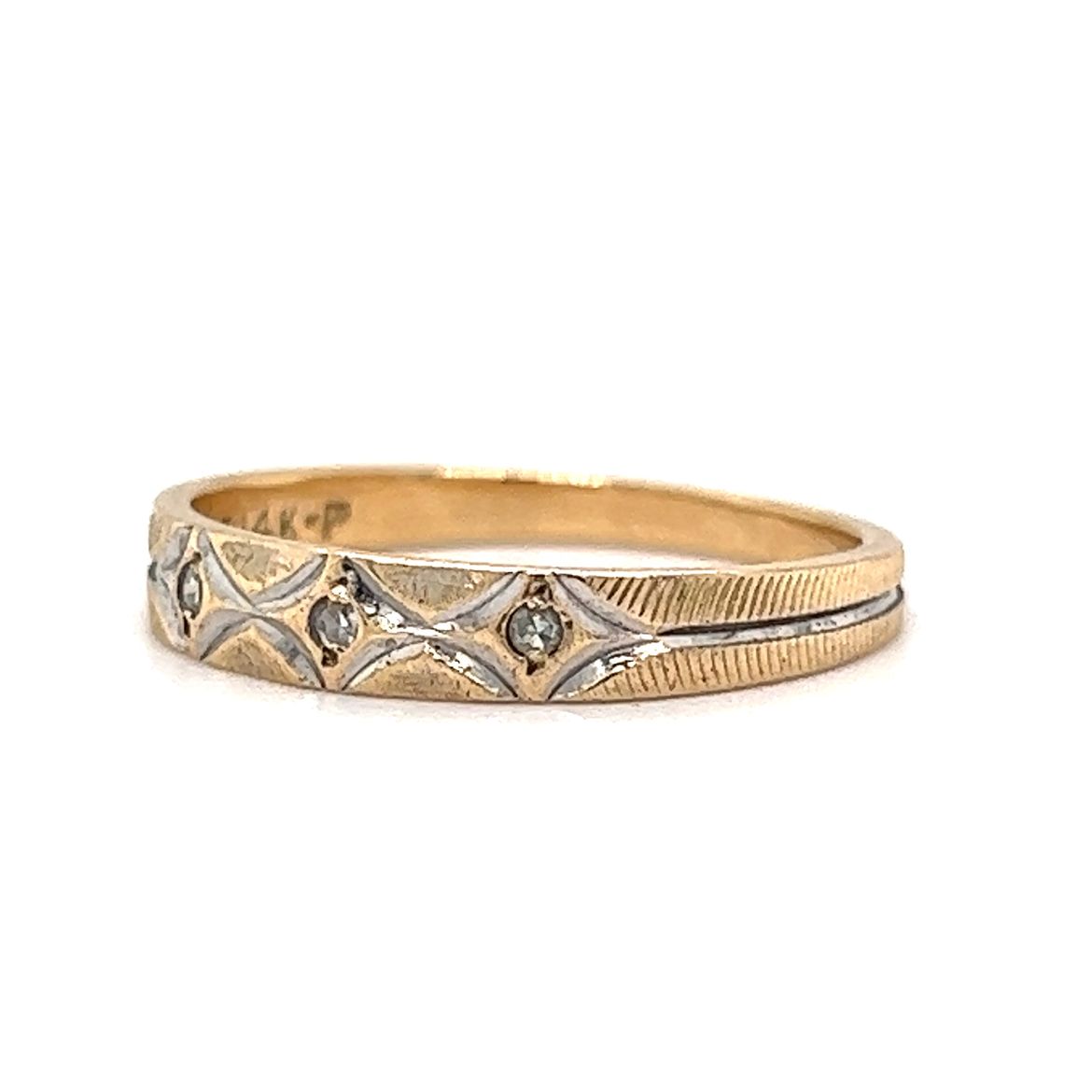 Retro Three Stone Diamond Wedding Band in 14k Gold