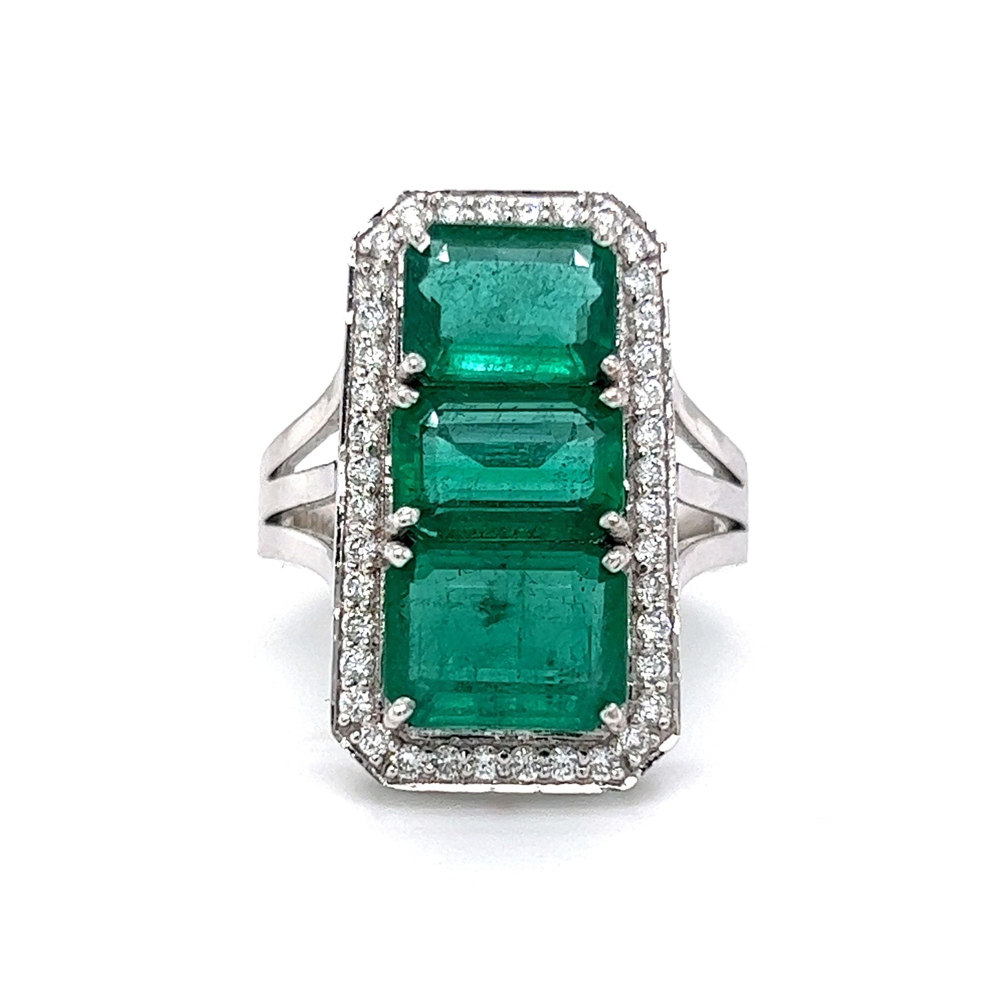 Three Stone Emerald & Diamond Cocktail Ring in 18k White Gold