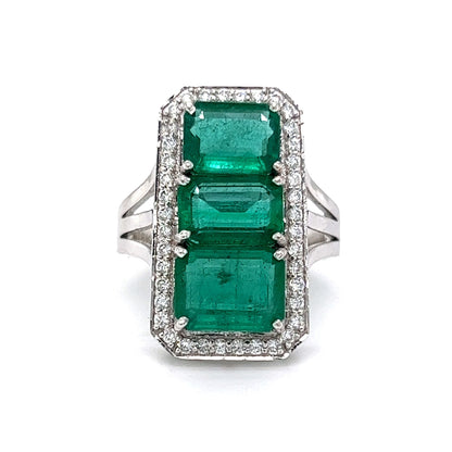 Three Stone Emerald & Diamond Cocktail Ring in 18k White Gold