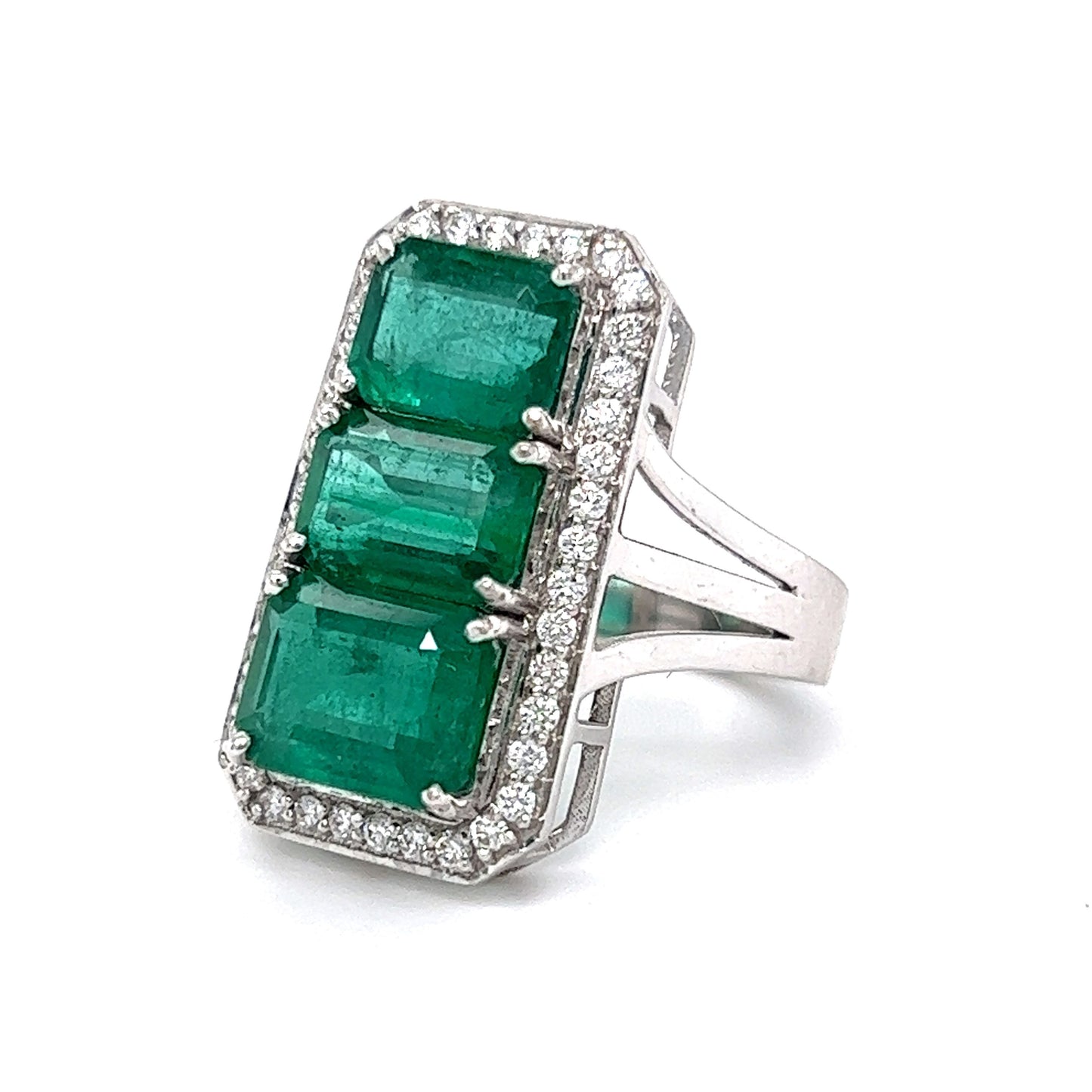 Three Stone Emerald & Diamond Cocktail Ring in 18k White Gold