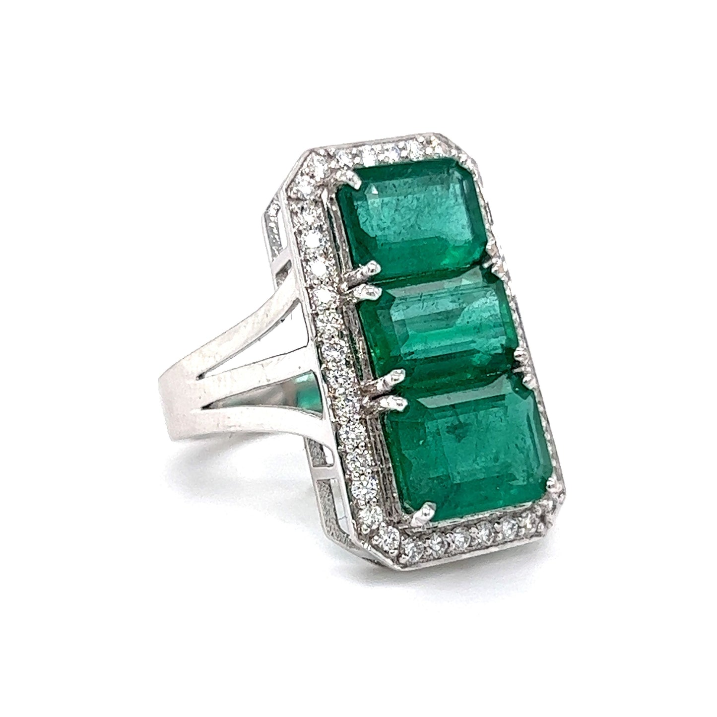 Three Stone Emerald & Diamond Cocktail Ring in 18k White Gold