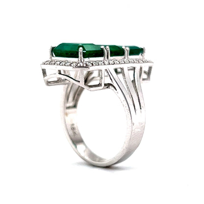 Three Stone Emerald & Diamond Cocktail Ring in 18k White Gold