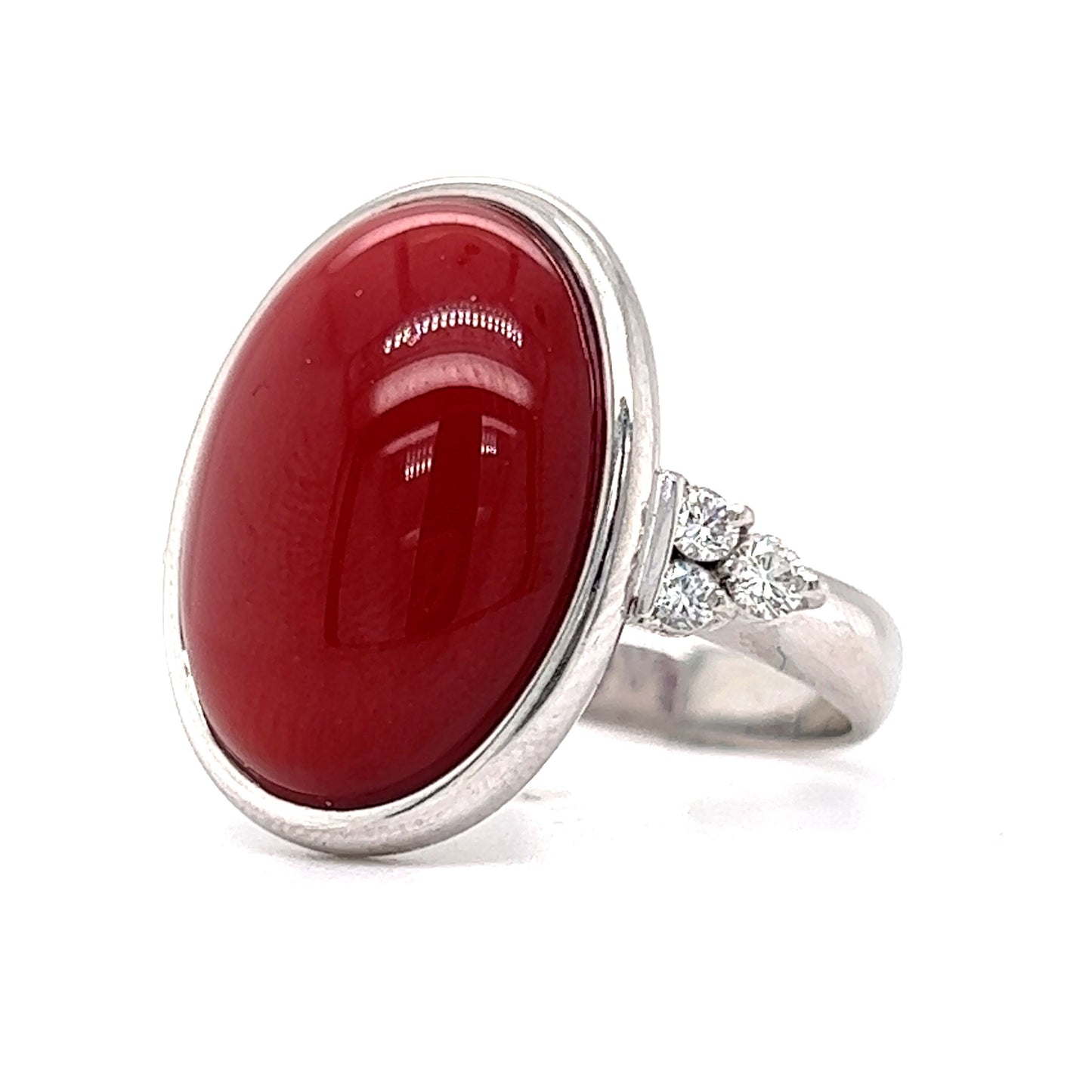 Bezel Set Red Coral & Diamond Cocktail Ring in Platinum