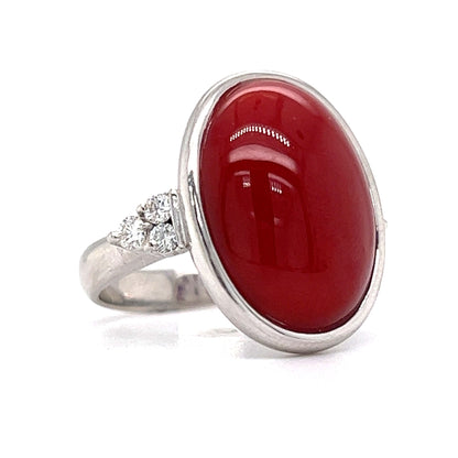 Bezel Set Red Coral & Diamond Cocktail Ring in Platinum