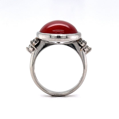 Bezel Set Red Coral & Diamond Cocktail Ring in Platinum