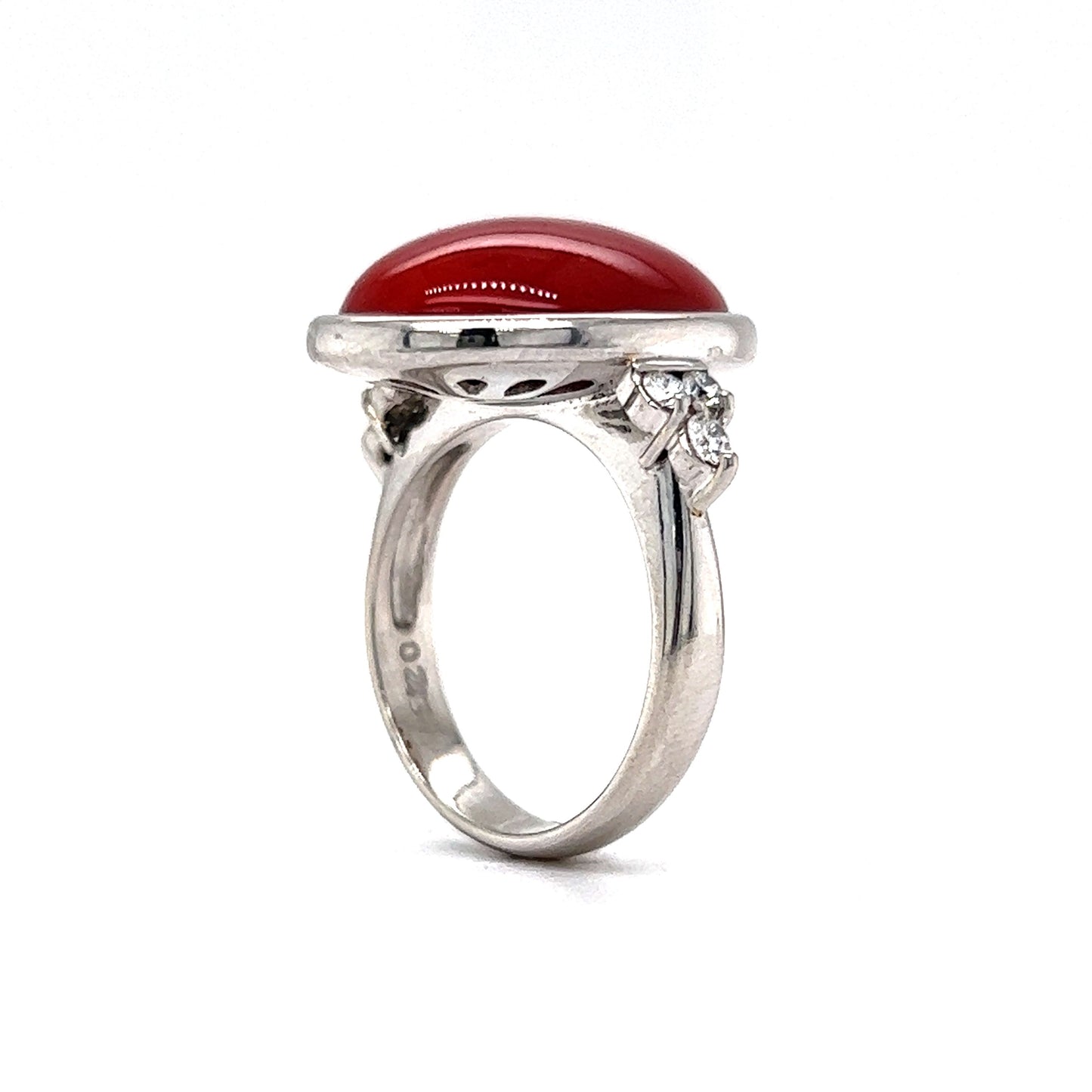 Bezel Set Red Coral & Diamond Cocktail Ring in Platinum