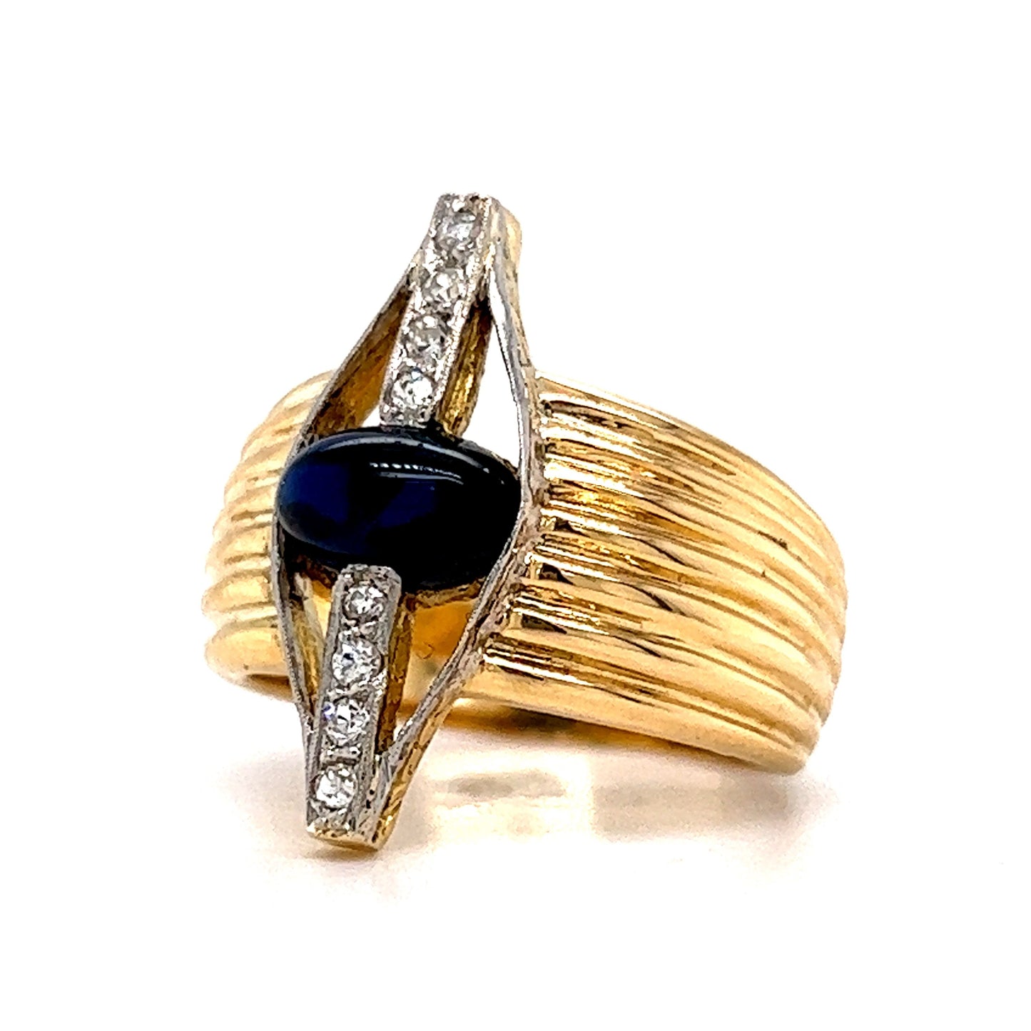 Mid-Century Cabochon Sapphire & Diamond Ring in 18k Yellow Gold