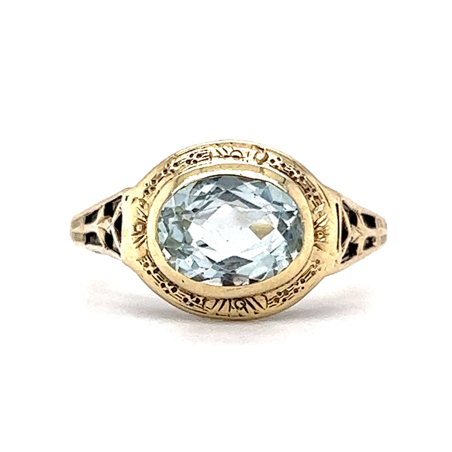 Art Deco Oval Cut Aquamarine Ring in 14k Yellow Gold