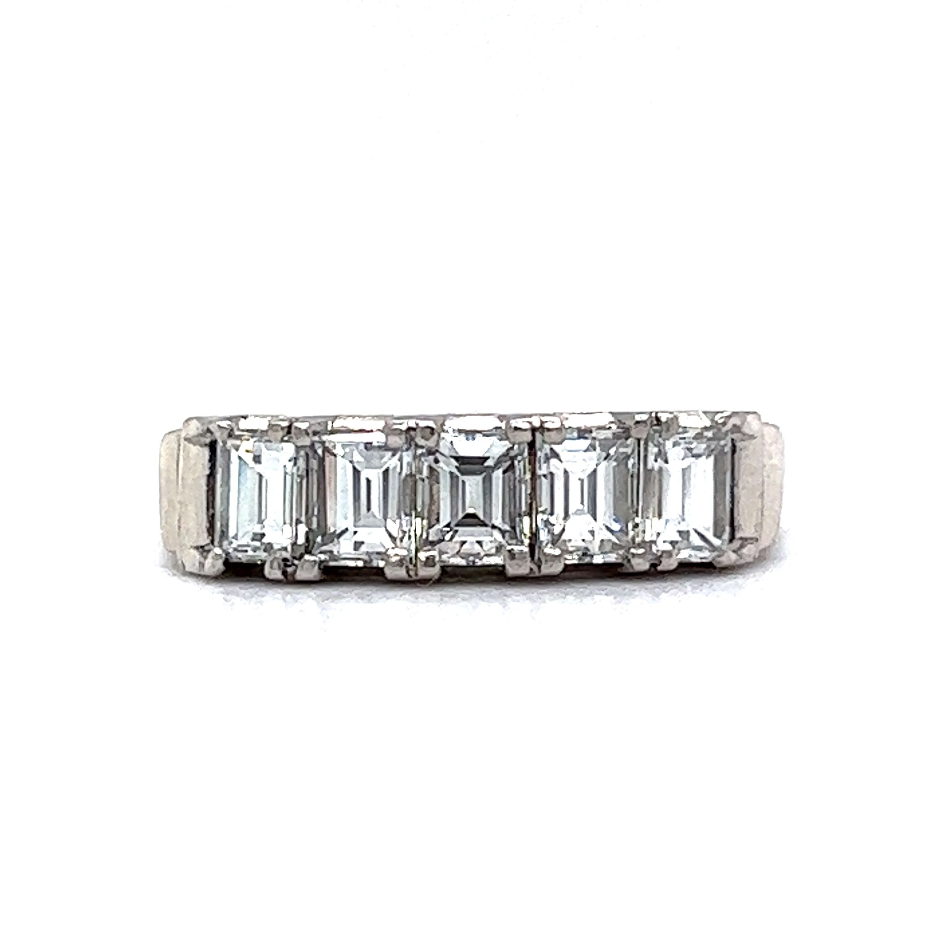 Five Stone Emerald Cut Diamond Wedding Band in Platinum - Filigree