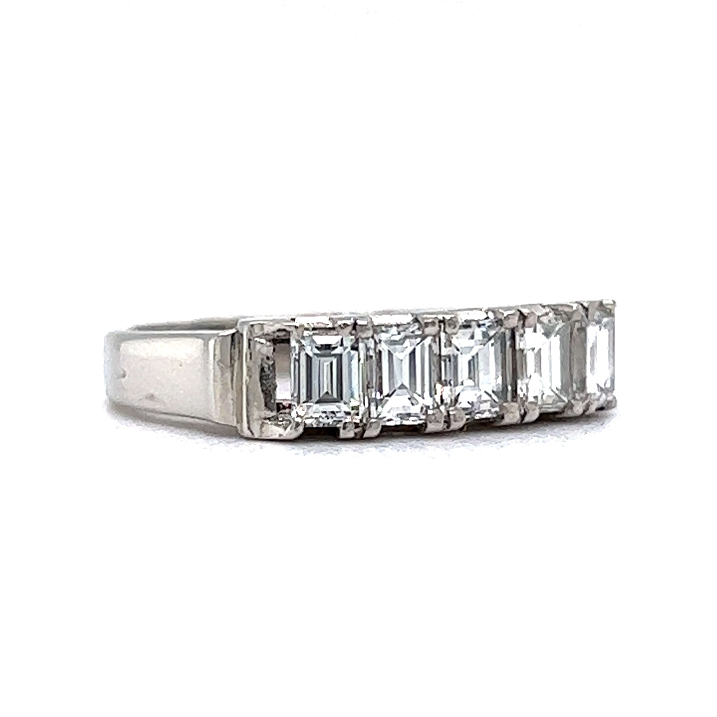 Five Stone Emerald Cut Diamond Wedding Band in Platinum - Filigree