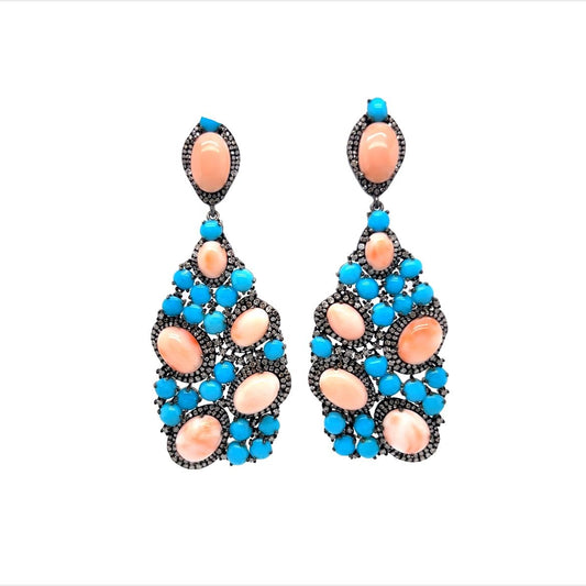 Turquoise, Coral, & Diamond Cluster Drop Earrings in Sterling Silver