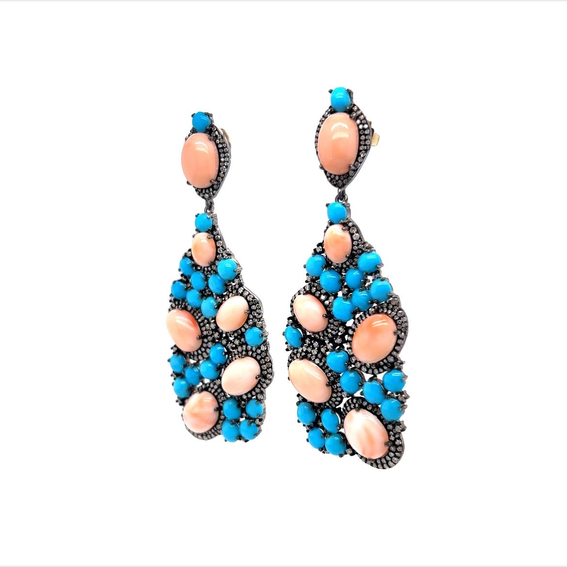 Turquoise, Coral, & Diamond Cluster Drop Earrings in Sterling Silver