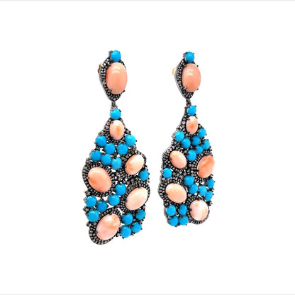 Turquoise, Coral, & Diamond Cluster Drop Earrings in Sterling Silver