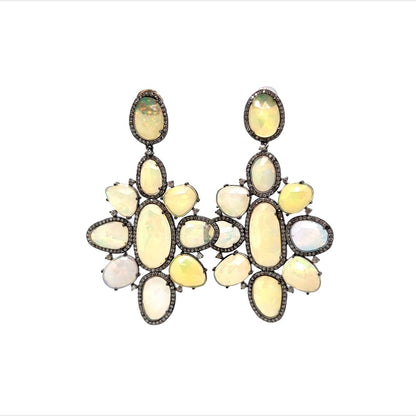 Elegant Opal & Diamond Cluster Drop Earrings in Sterling Silver