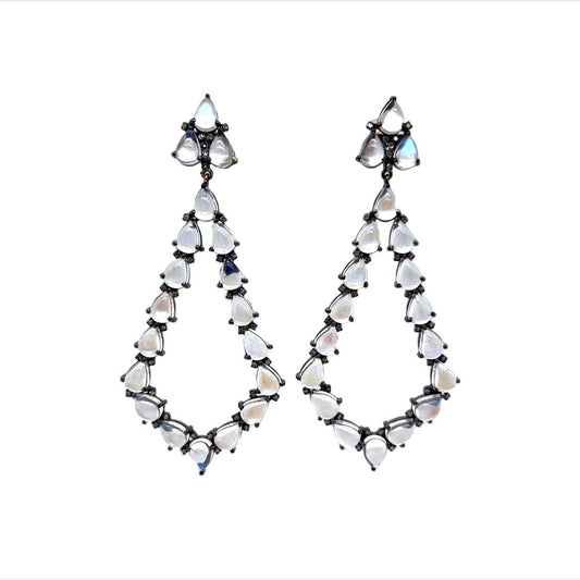 Moonstone & Diamond Drop Earrings in Sterling Silver