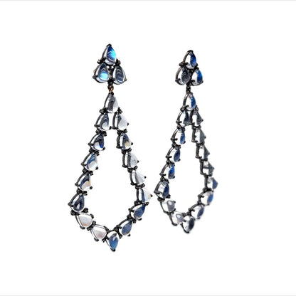 Moonstone & Diamond Drop Earrings in Sterling Silver