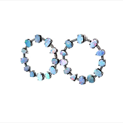 Opal & Diamond Circle Drop Earrings in Sterling Silver