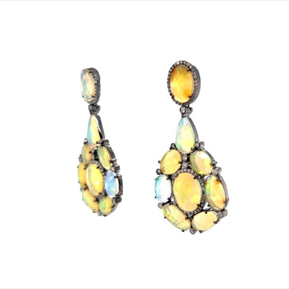 Opal & Diamond Cluster Drop Earrings in Sterling Silver