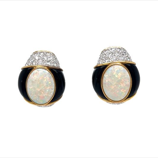 Opal & Diamond Earrings w/ Black Onyx in 18k Yellow Gold
