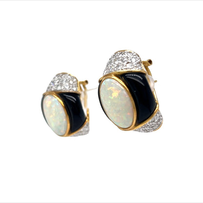 Opal & Diamond Earrings w/ Black Onyx in 18k Yellow Gold