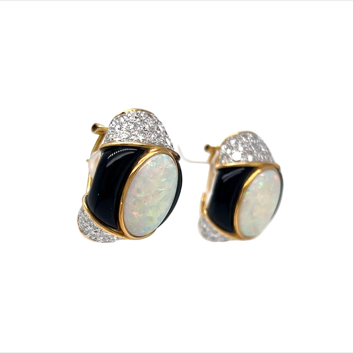 Opal & Diamond Earrings w/ Black Onyx in 18k Yellow Gold