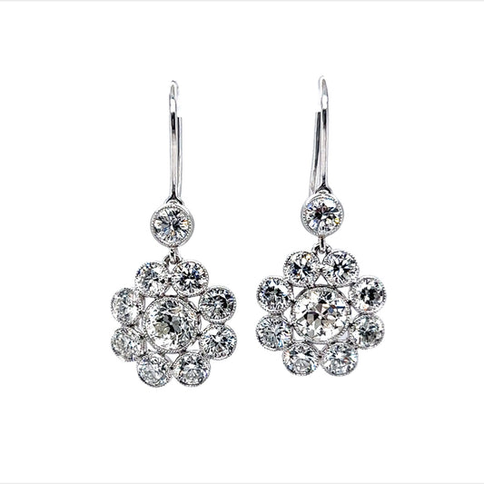 Antique Inspired Diamond Cluster Drop Earrings in Platinum