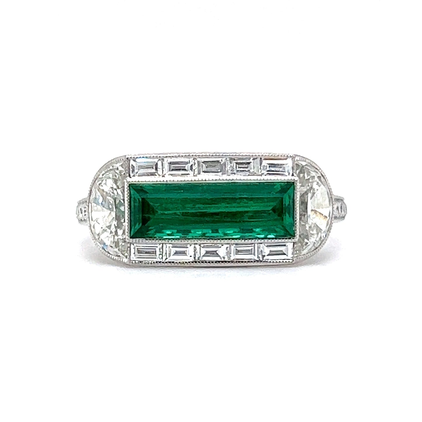 Elongated Emerald & Diamond Cocktail Ring in Platinum