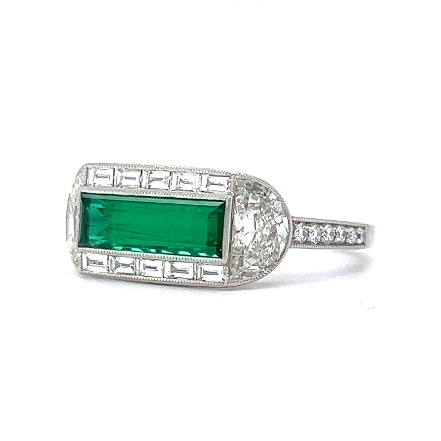 Elongated Emerald & Diamond Cocktail Ring in Platinum