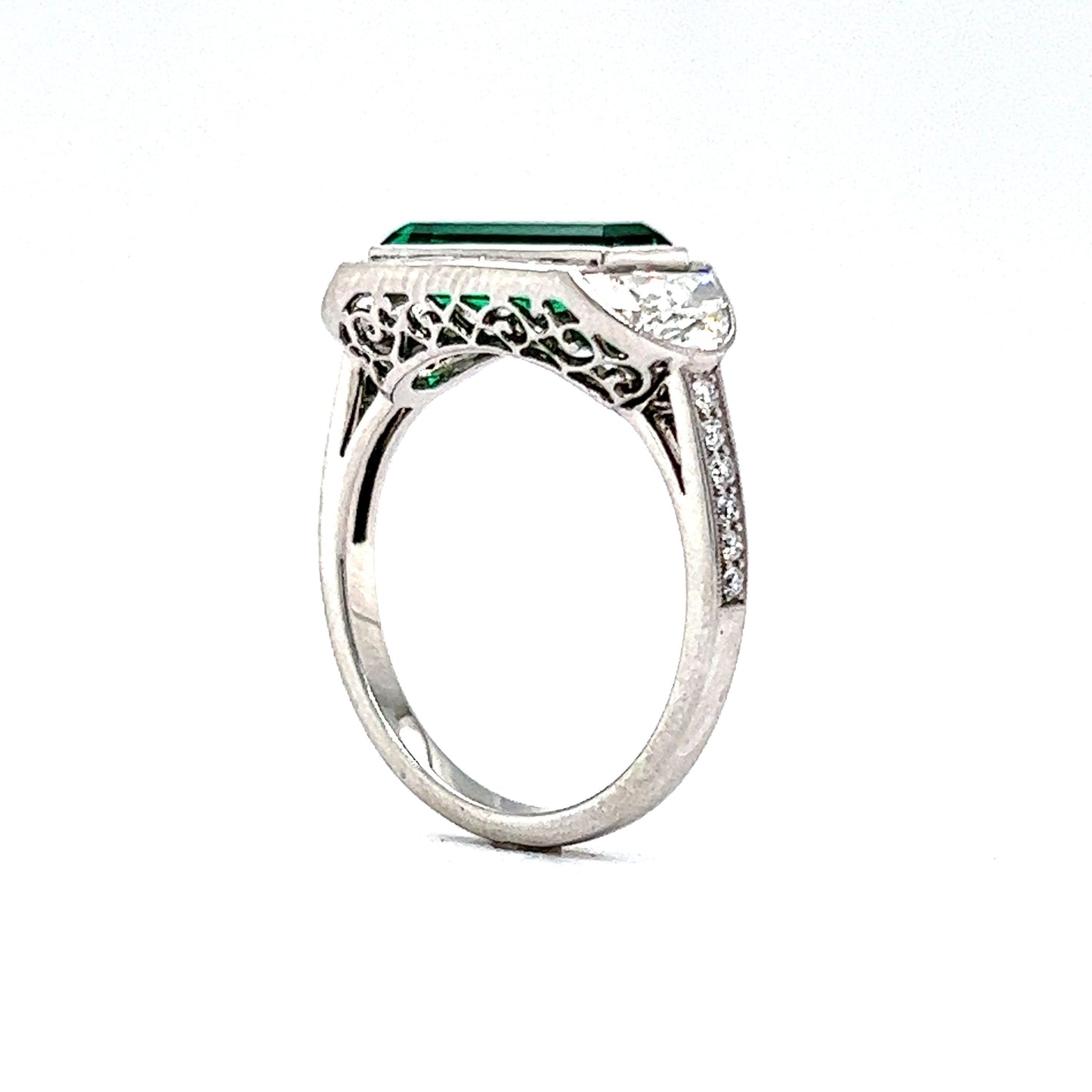 Elongated Emerald & Diamond Cocktail Ring in Platinum