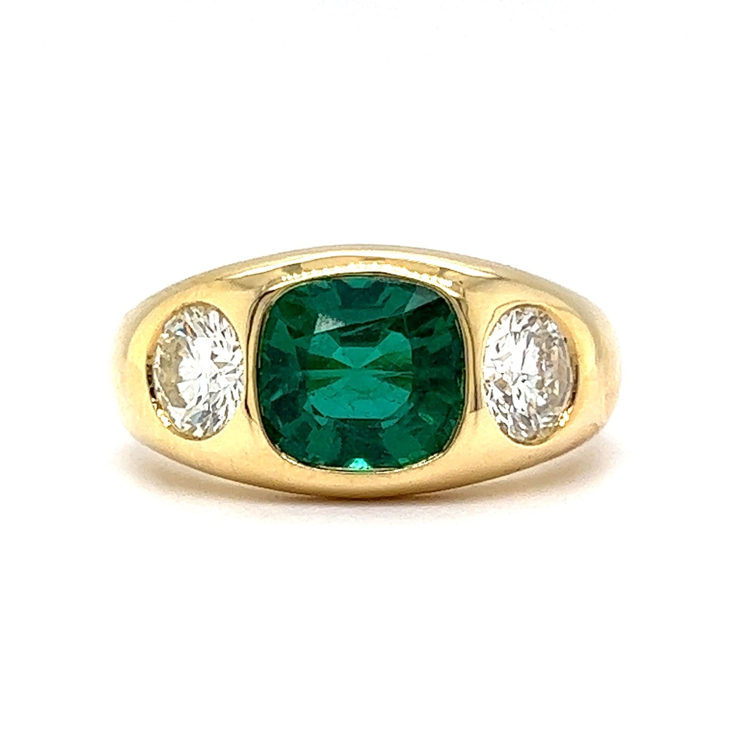 Flush Set Cushion Cut Emerald & Diamond Ring in 18k Yellow Gold