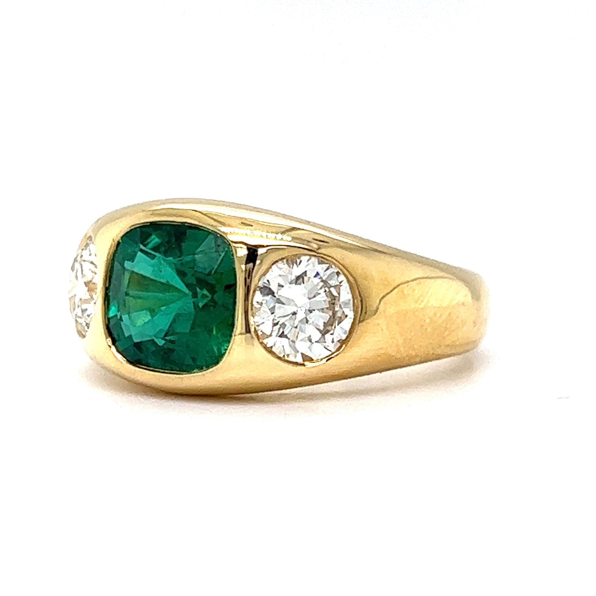 Flush Set Cushion Cut Emerald & Diamond Ring in 18k Yellow Gold