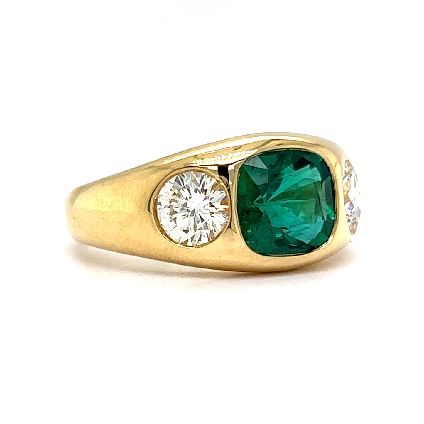 Flush Set Cushion Cut Emerald & Diamond Ring in 18k Yellow Gold