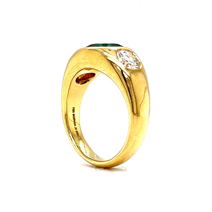 Flush Set Cushion Cut Emerald & Diamond Ring in 18k Yellow Gold