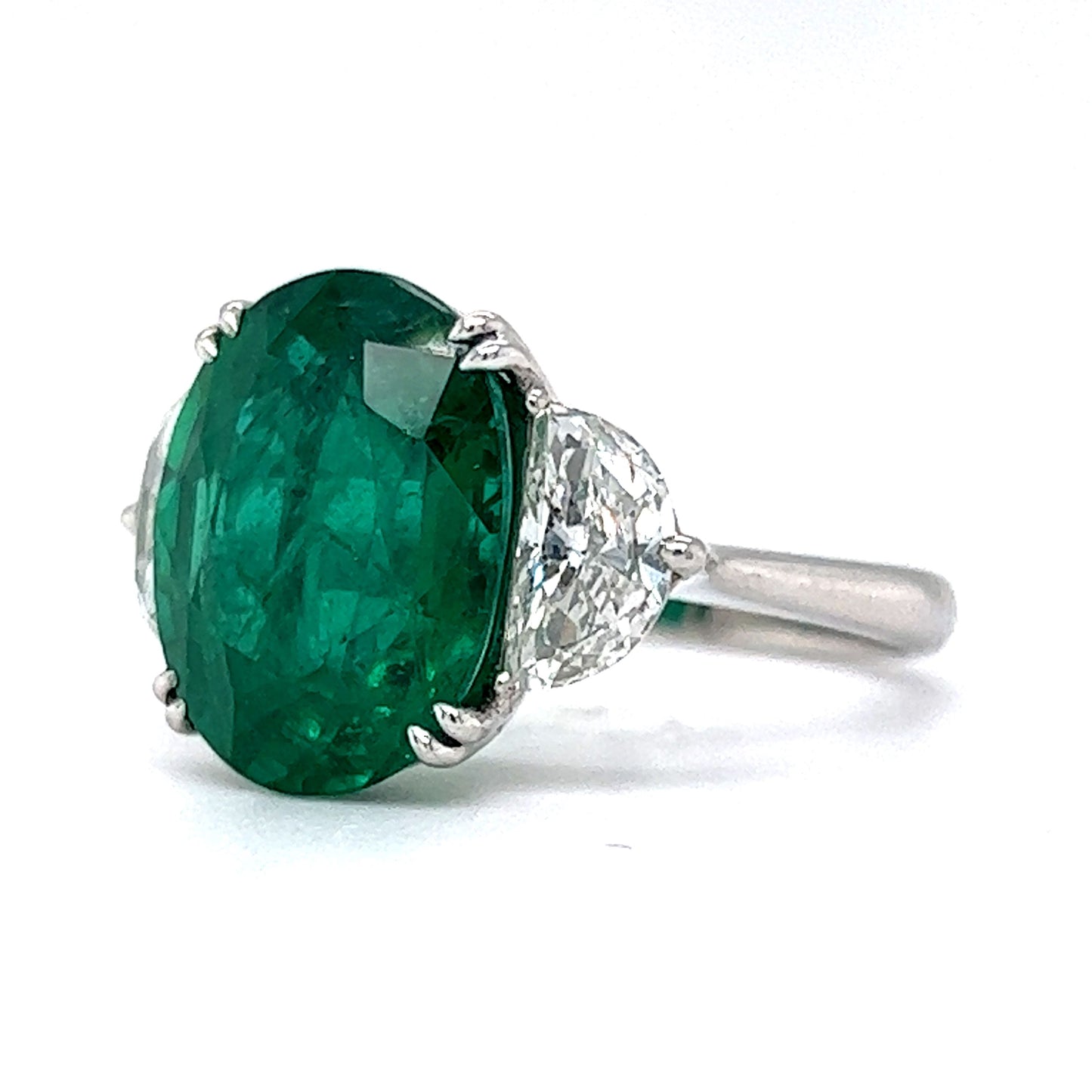 Oval Cut Emerald & Half Moon Diamond Cocktail Ring in Platinum