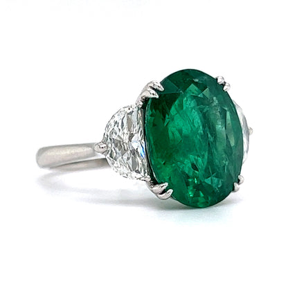 Oval Cut Emerald & Half Moon Diamond Cocktail Ring in Platinum