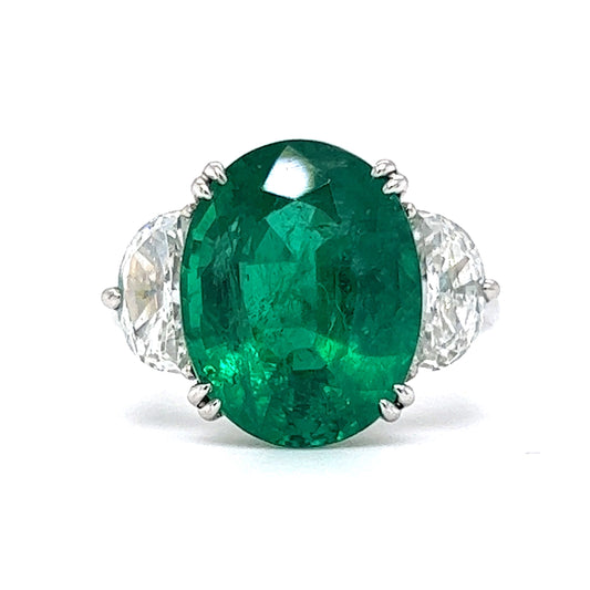 Oval Cut Emerald & Half Moon Diamond Cocktail Ring in Platinum