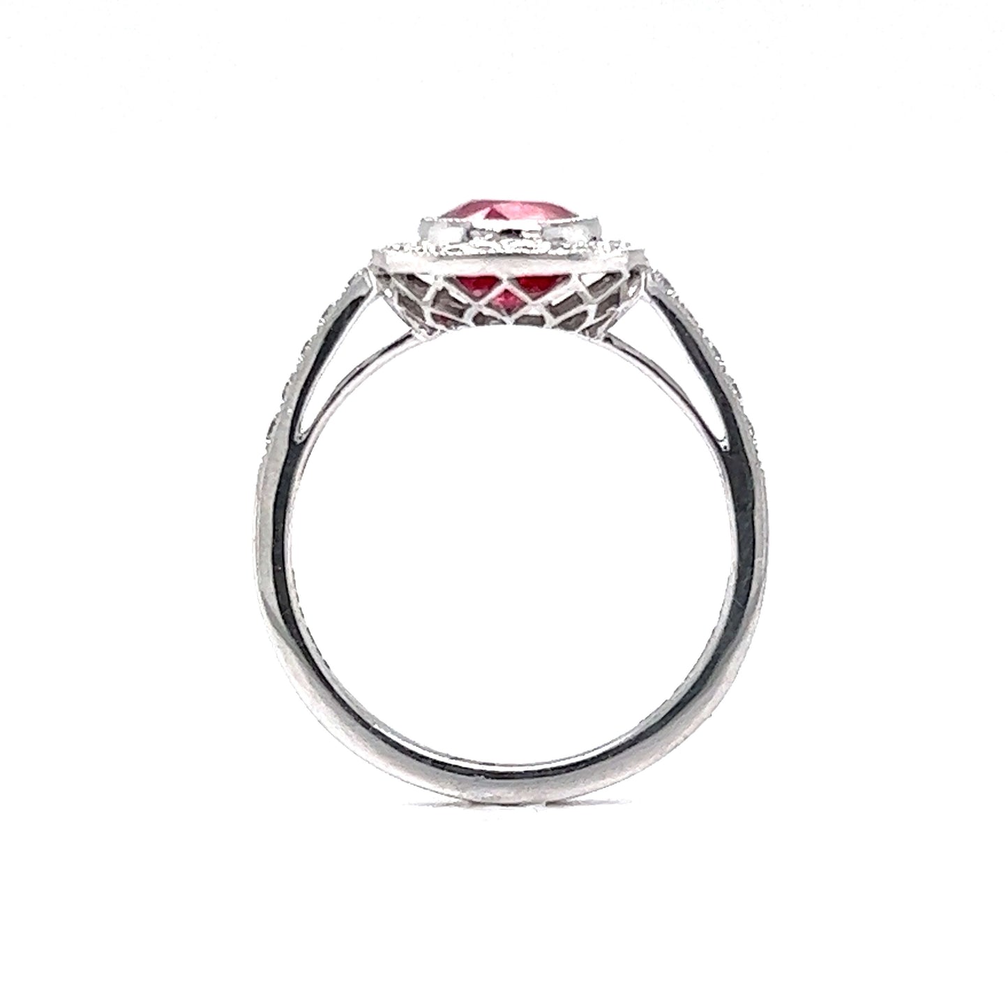 Oval Cut Red Sapphire & Diamond Halo Ring in Platinum