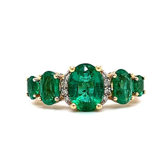 Five Stone Oval Cut Emerald & Diamond Ring in 14k Yellow Gold