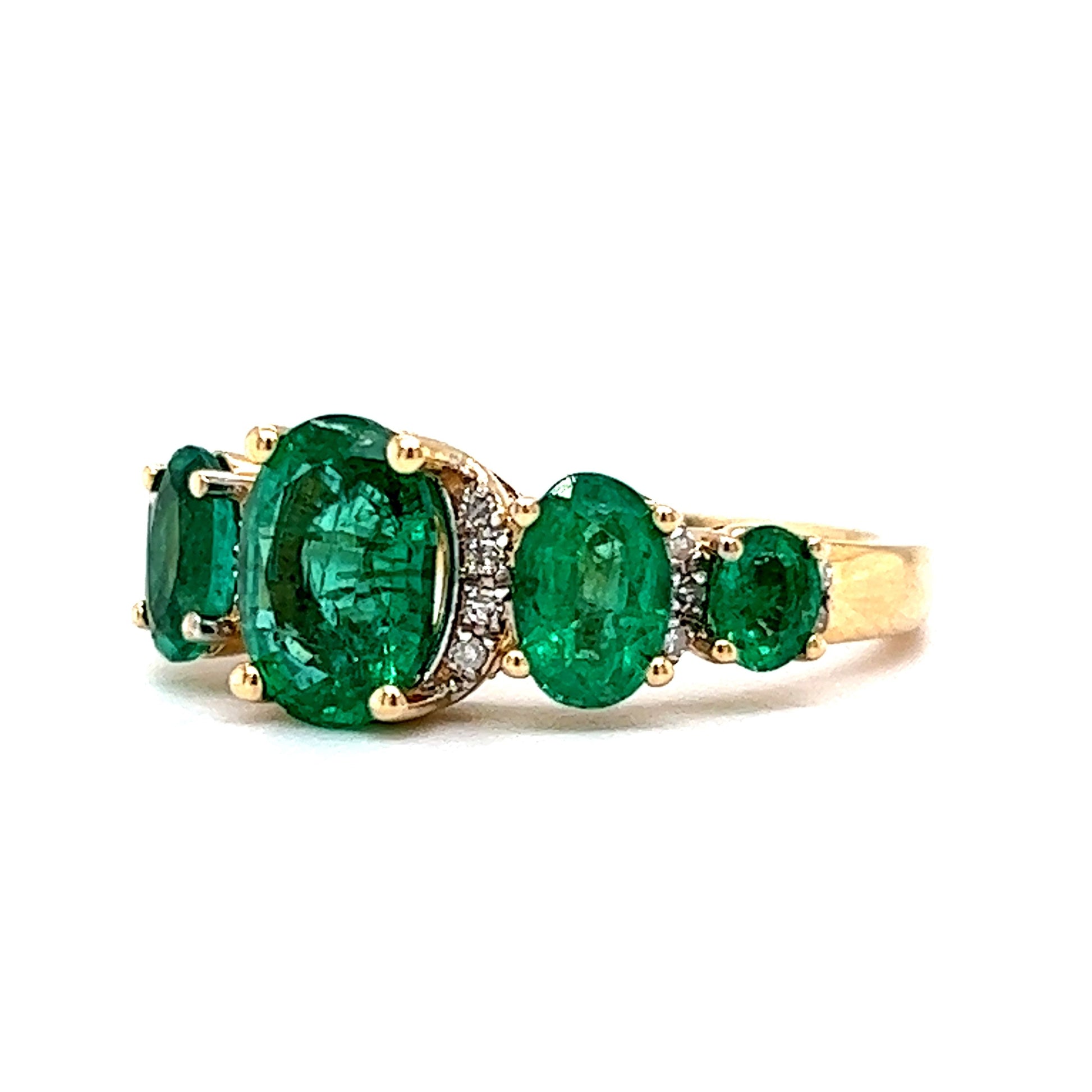 Five Stone Oval Cut Emerald & Diamond Ring in 14k Yellow Gold