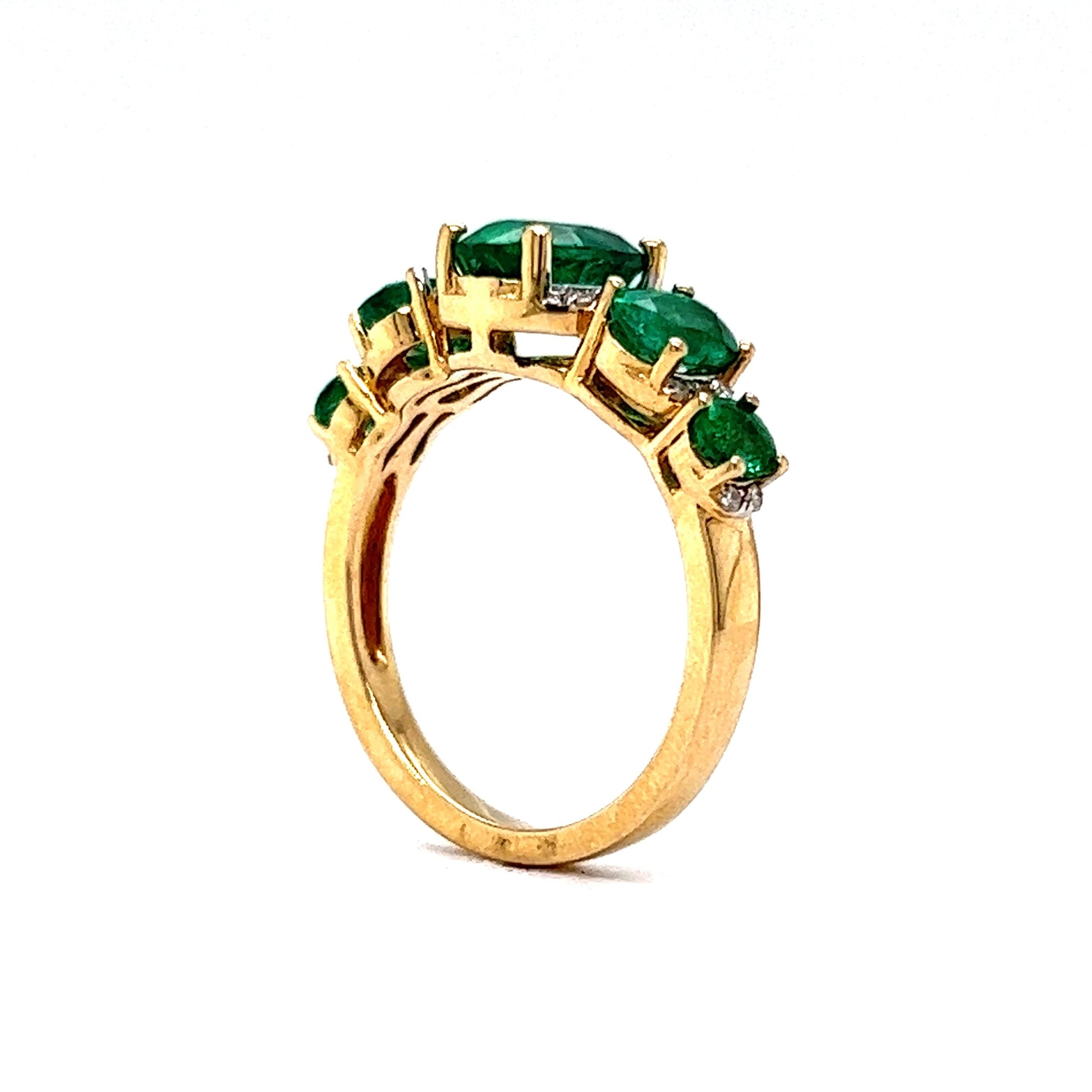 Five Stone Oval Cut Emerald & Diamond Ring in 14k Yellow Gold