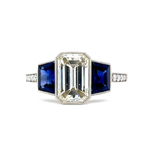 1.53 Emerald Cut Diamond & Sapphire Engagement Ring in Platinum