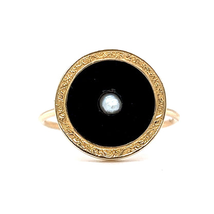 Victorian Round Onyx & Pearl Ring in 14k Yellow Gold