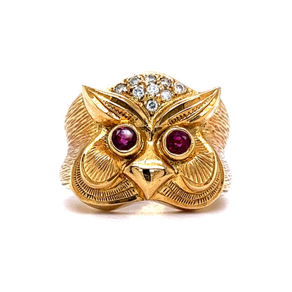 Diamond & Ruby Eyed Owl Cocktail Ring in 18k Yellow Gold